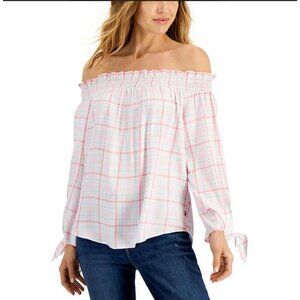 NWT TOMMY HILFIGER OFF THE SHOULDER Plaid Blouse Top LARGE Pink Tie